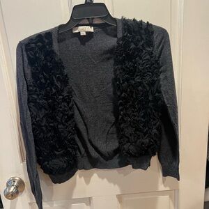 LOFT Charcoal Gray Cardigan with Ruffled Texture Detail
